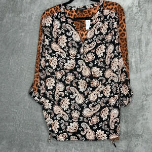 Roz & Ali 1X Shirt Top Brown Paisley Animal Print Faux Tab Sleeve V Neck Ruched